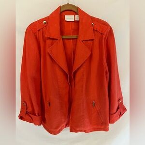 Chico’s Women’s Orange Linen Blazer With Zip Pockets And Roll Tab Sleeves Size 2